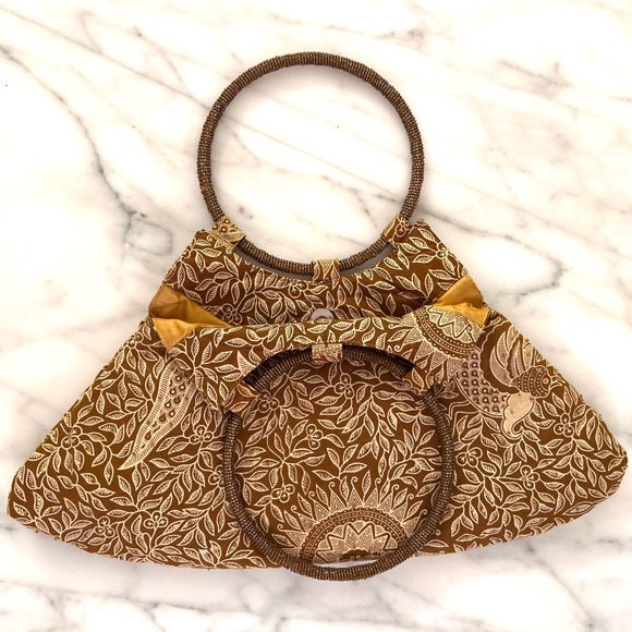 Brown Gold‎ Batik Print Beaded Handle Beaded Bag Purse Women - Picture 4 of 8
